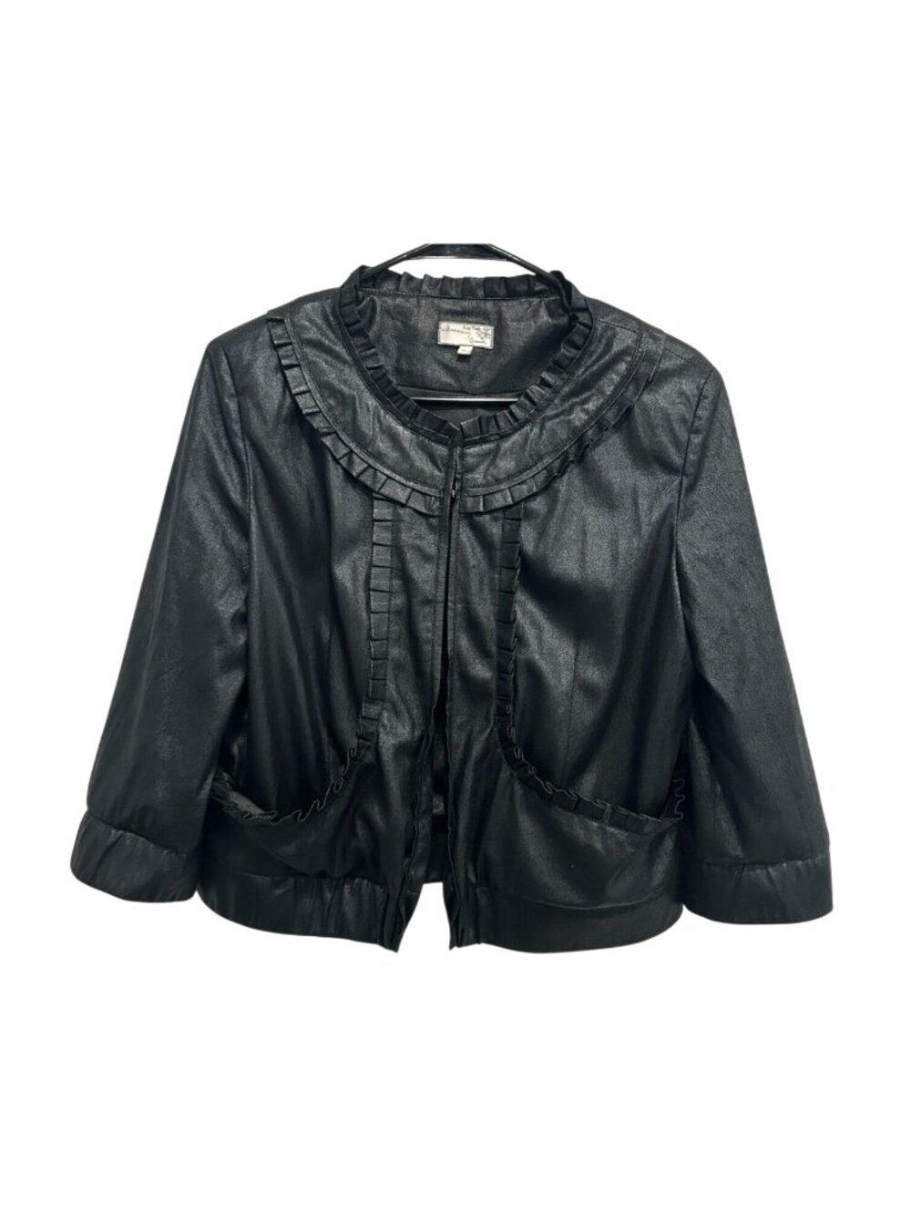 Hanna & Gracie Large Black Ruffled Open Front Faux Leather Jacket Alt Aesthetic